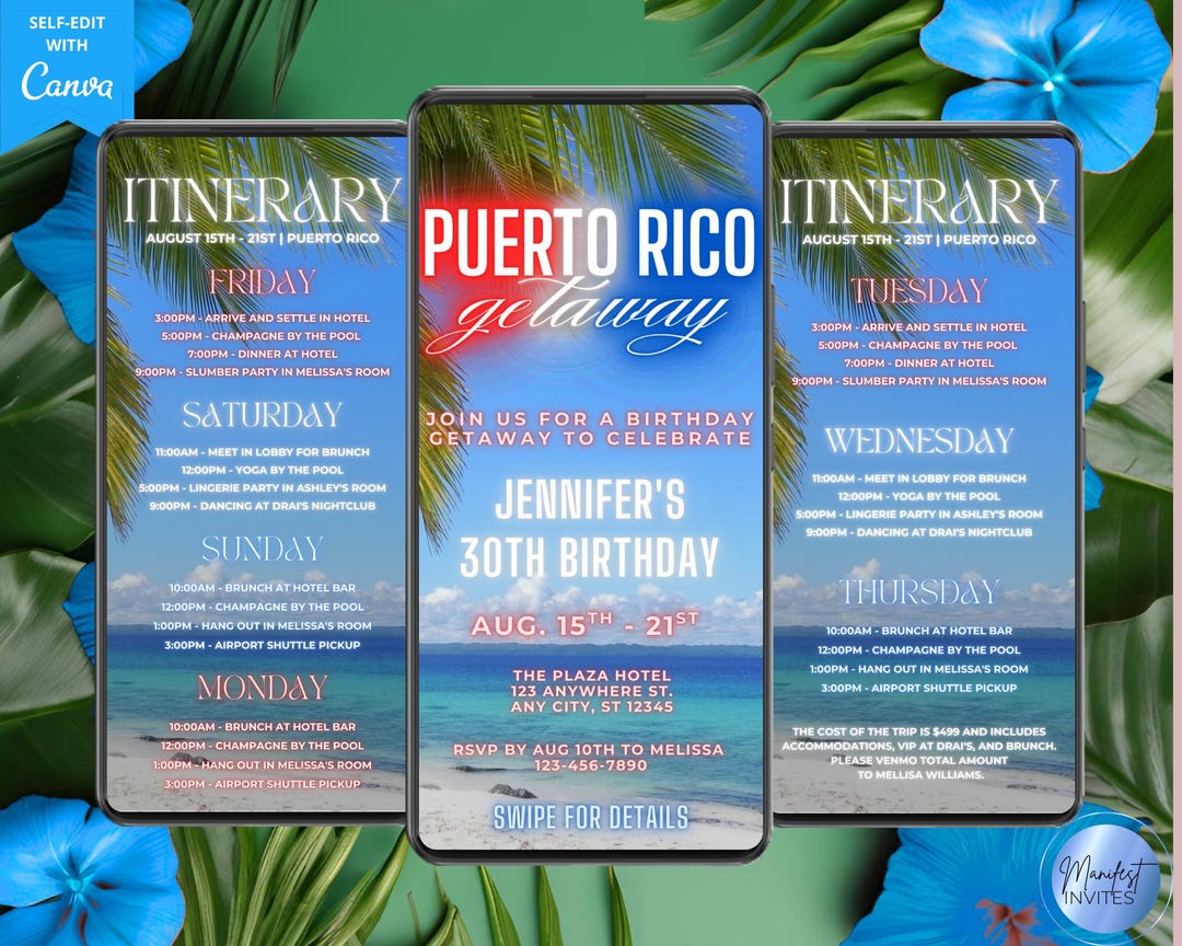 Digital Puerto Rico Getaway Tropical Birthday Invitation, 7 Day Travel ...