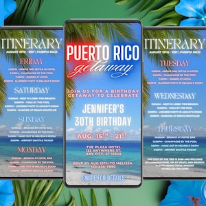 Digital Puerto Rico Getaway Tropical Birthday Invitation, 7 Day Travel Itinerary, Phone Evite, Editable Template, Instant Download, TB12