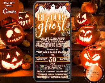 Invitación digital "Sé nuestro fantasma" para fiesta de inauguración de Halloween, fiesta de bienvenida espeluznante, mensaje de texto para teléfono de Evite, plantilla editable, descarga instantánea