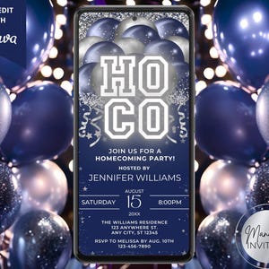 Digital Homecoming Celebration Party Blue Silver Balloons Invitation, After Party, Phone Text Evite, Editable Template, Instant Download