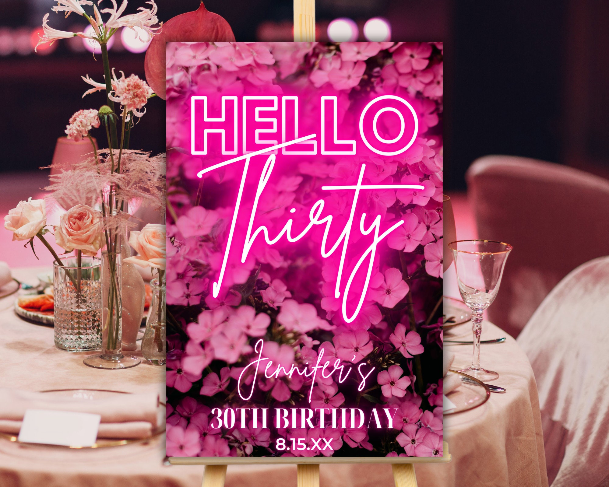 Printable Hello Thirty 30th Birthday Party Pink Floral Welcome Entrance ...