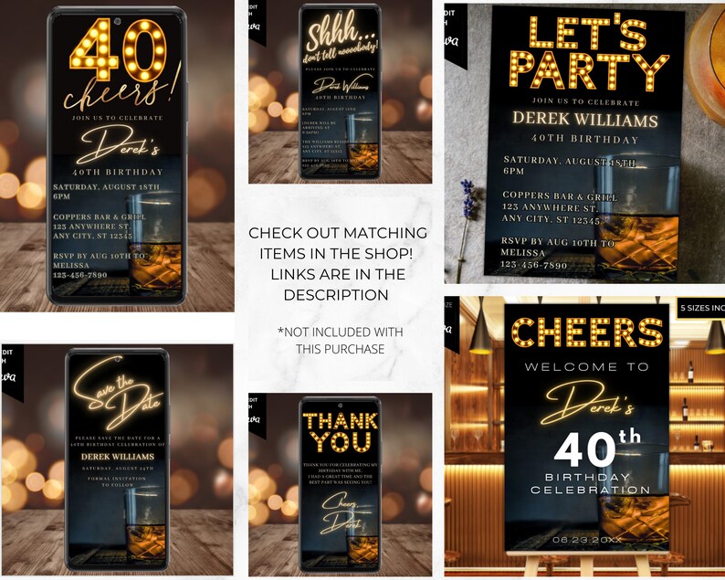 May include: A set of printable 40th birthday party invitations and signage. The design features a black background with gold text and accents. The text includes "Let's Party", "Cheers", "Save the Date", "Thank You", and "Derek's 40th Birthday Celebration".