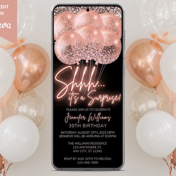 Digital Rose Gold Surprise Birthday Invitation, Electronic Surprise Birthday Party Invite, Editable Template, Phone Evite, Instant Download