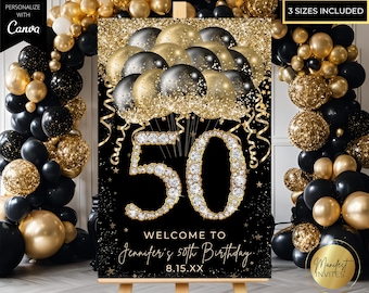 Editable Glam 50th Birthday Party Welcome Sign, Diamond Black Gold Glitter Balloons, Elegant Party Entrance Decor, Printable Canva Template