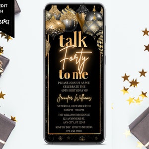 Digital Talk Forty To Me 40th Birthday Invitation, Electronic Christmas Birthday Theme Evite, Ornaments, Editable Template, Instant Download