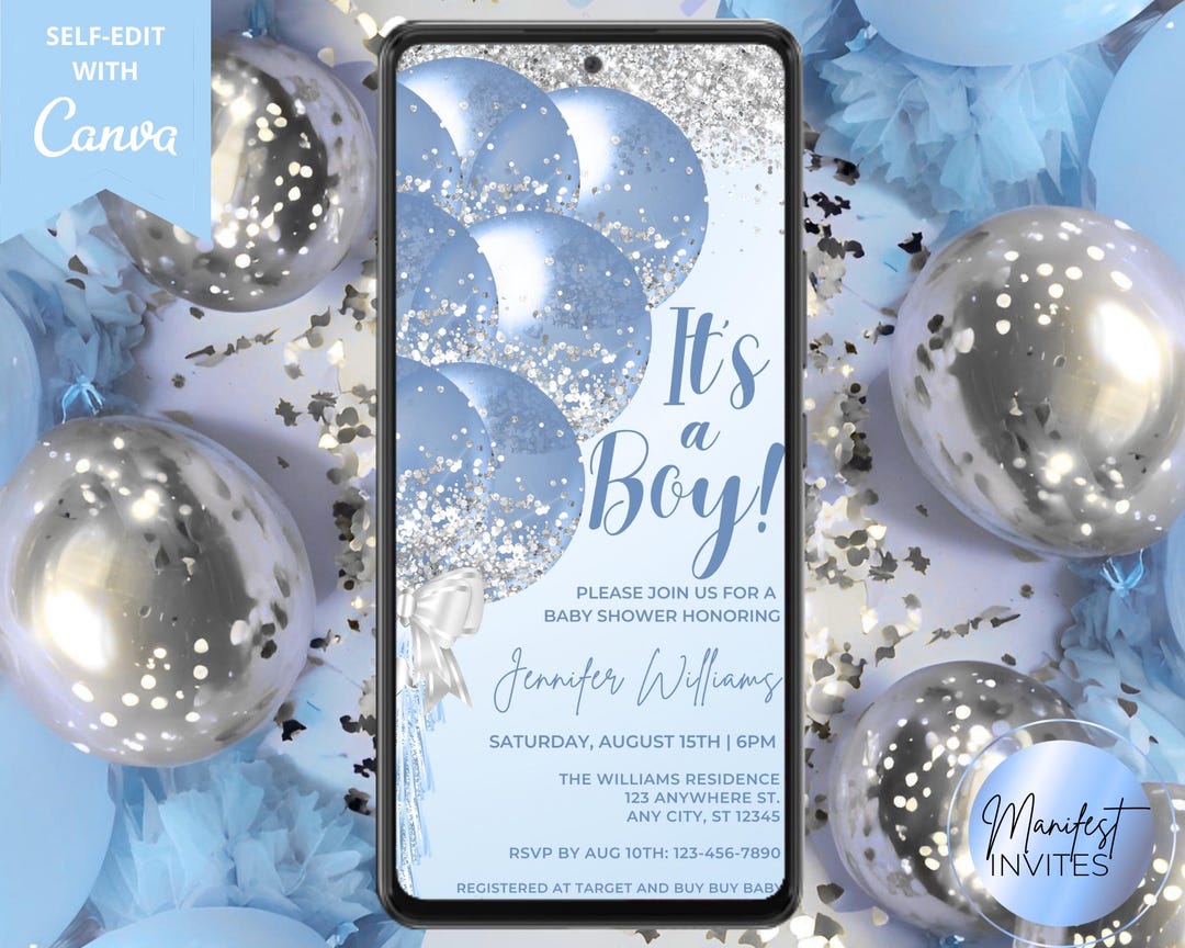 Digital It's a Boy Glam Blue Silver Glitter Balloons Baby Shower ...