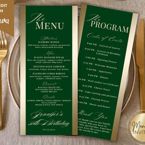 Editable Modern Green Gold Menu and Event Program Card Template, Thank You Note, Order of Event Agenda, Table Program, Instant Download