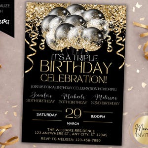 Può includere: Un invito a una festa di compleanno nero e oro con un tema di triplo compleanno. L'invito presenta un design di coriandoli dorati e palloncini neri e argentati. Il testo sull'invito recita "È una tripla festa di compleanno!" e include i nomi Jennifer, Michael e Melissa, insieme alle loro rispettive età. L'invito include anche la data, l'ora e il luogo della festa.