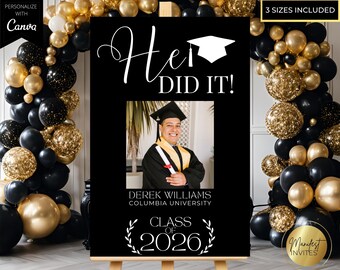 Editable Men's Graduation Party Photo Welcome Sign, He Did It, Modern Black and White Graduation Party Decor, Printable Canva Template