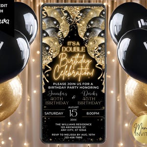 Digital Joint Double Birthday Party Glam Invitation, Neon Black Gold Glitter Balloons, Phone Text Evite, Editable Template, Instant Download
