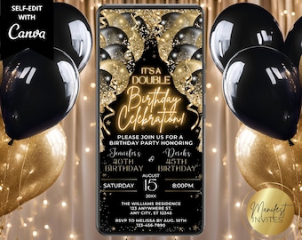 Digital Joint Double Birthday Party Glam Invitation, Neon Black Gold Glitter Balloons, Phone Text Evite, Editable Template, Instant Download