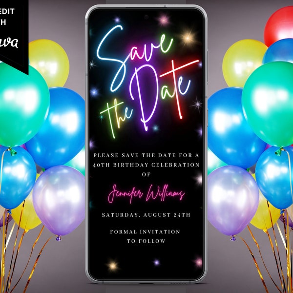 Digital Neon Rainbow Save the Date Invitation, Electronic Birthday Save the Date, Editable Template, Phone Text Evite, Instant Download