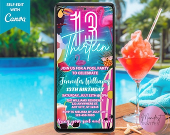 May include: A digital invitation displayed on a smartphone screen featuring a tropical pool party theme with a large number 13, a toucan, a flamingo, a pineapple, and text detailing a birthday celebration for Jennifer Williams on July 15th.