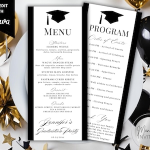 Bearbeitbare moderne Abschlusskarte für das Abendessen in Schwarzweiß und Programmvorlage, benutzerdefinierte Event-Dinner-Party-Menükarte, Canva, Sofort-Download