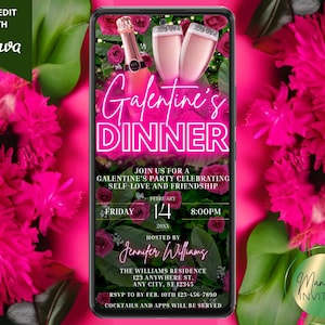 Digitales Galentinstag Abendessen Valentinstag Party Einladung, Telefon Evite, Pink Neon Blumen grün, bearbeitbare Vorlage, Sofort Download