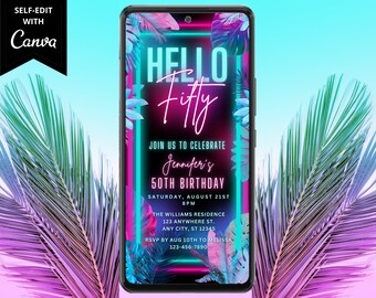 Digital Tropical Hello Fifty 50th Birthday Party Invitation, Electronic Phone Text Evite, Pink Teal Neon, Instant Download Template PTT2