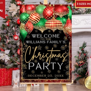 Cartello di benvenuto per la festa di Natale modificabile, decorazioni per feste di Natale, ornamenti rossi e verdi, modello Canva stampabile, download immediato