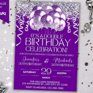 Modèle d'invitation de double fête d'anniversaire mixte pourpre, paillettes argentées, modèle d'invitation, carte imprimable et téléphone, téléchargement immédiat