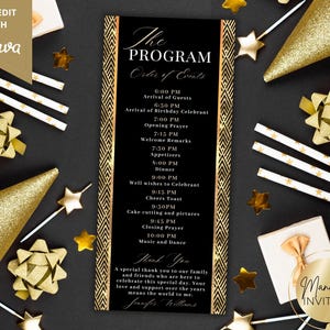 Può includere: Una scheda del programma dell'evento nera e oro con un bordo geometrico e il testo The PROGRAM Order of Events, che elenca un programma dalle 18:00 alle 22:00, seguito da un messaggio di ringraziamento firmato da Jennifer Williams.
