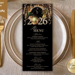 Bearbeitbar 2026 Silvester Dinner Party Menü Kartenvorlage, Elegant Glam Schwarz Gold, Printable NYE Party Decor, Canva, Instant Download