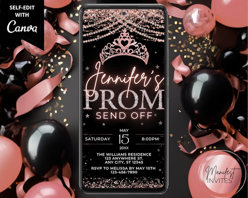Prom Sign Phone Digital Prom Send off Rose Gold Diamonds Party Glam Invitation, Prom ...