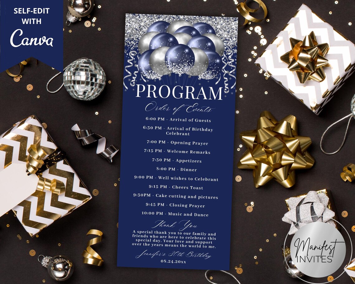 Editable Blue Silver Balloons Birthday Event Program Card Template ...