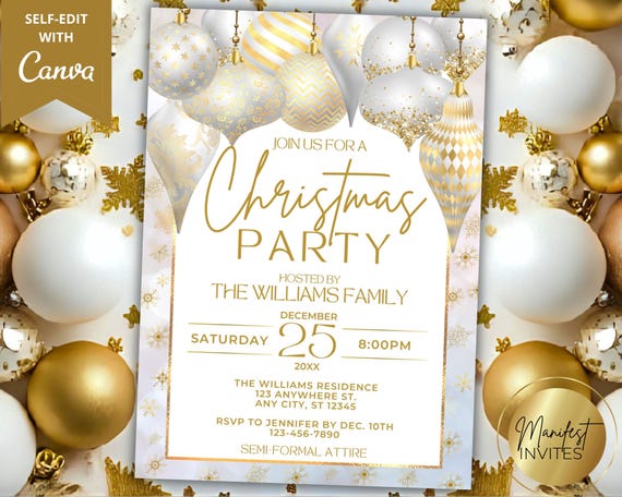 christmas party dress code invitation Editable Elegant White Gold Christmas Party Invitation, Festive Holiday Xmas  Dinner Cocktails, Printable Canva Template, Instant Download