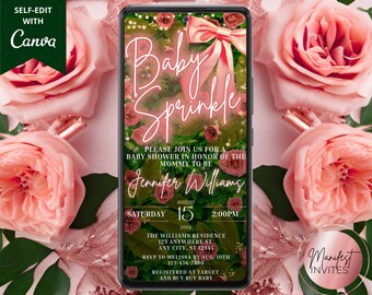 Digital Baby Sprinkle Girl Baby Shower Invitation, Pink Rose Gold Neon Floral Greenery, Text Evite, Editable Template, Instant Download