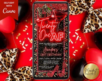 Digital Twenty One AF 21st Birthday Cheetah and Cherry Party Invitation, Girls Night, Leopard Diamond & Martini, Editable Canva Template