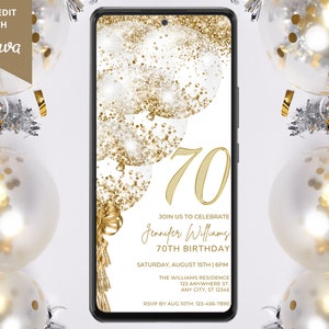 Electronic 70th Birthday Party White Gold Glitter Balloon Invitation, Digital Phone Text Email Evite, Editable Template, Instant Download