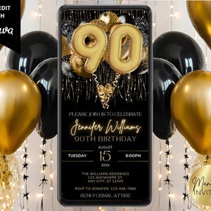 Digital 90th Birthday Party Invitation, Black and Gold Balloons, Adult Invite, Electronic Evite, Editable Template, Instant Download, BG43