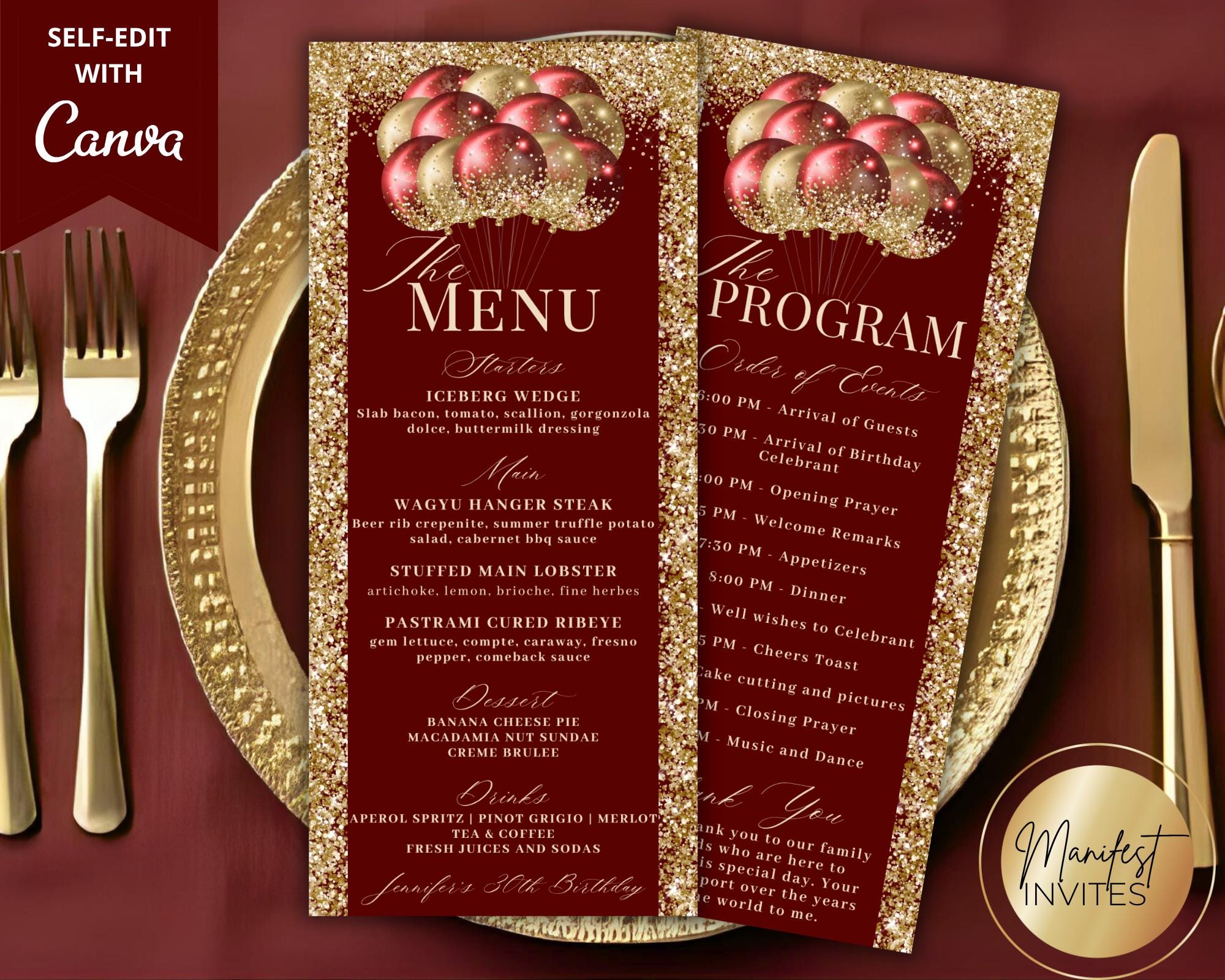 Editable Glam Red Gold Glitter Balloons Menu Program and Thank You Note ...