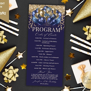 Pode incluir: Um programa de eventos azul marinho com detalhes dourados e o texto "PROGRAMA Ordem dos Eventos". O programa inclui um cronograma de eventos, uma mensagem de agradecimento e o texto "Manifest Invites". Estrelas douradas, laços e chapéus de festa circundam o programa.