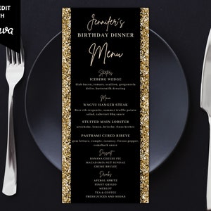 Editable Gold Glitter Birthday Dinner Menu Card, Printable Birthday Dinner Party and Drink Menu Card, Editable Template, Instant Download