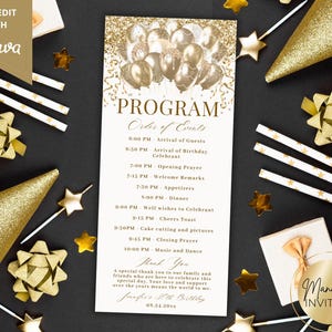 Pode incluir: Um programa de aniversário dourado e branco com um gráfico de balões, texto e detalhes do evento. O programa inclui o texto "PROGRAMA" e "Ordem dos Eventos". Estrelas douradas, laços e chapéus de festa estão espalhados.