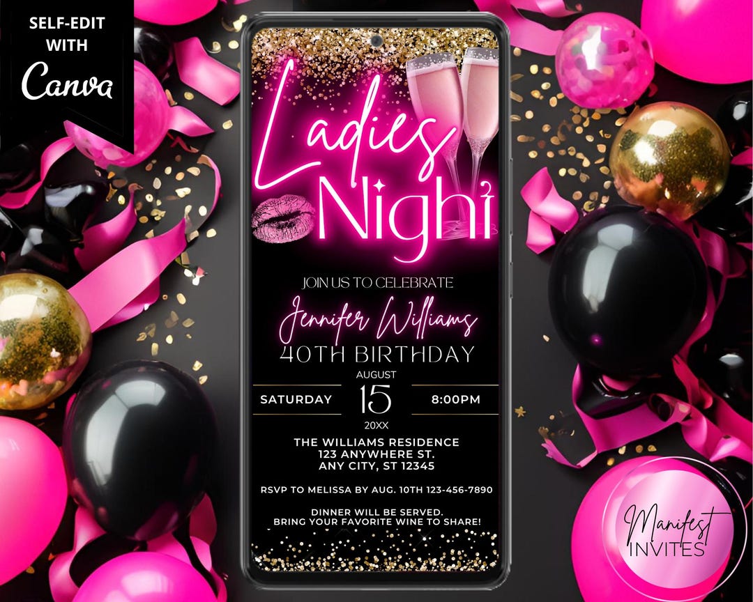 Digital Glam Ladies Night Birthday Party Invitation, Pink Neon Gold ...