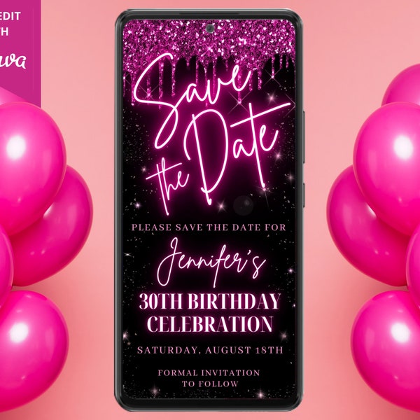 Digital Birthday Save the Date Invitation, Electronic Text Message Evite, Neon Pink Glitter Drip, Editable Template, Instant Download, PGD7