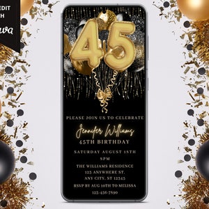 Digital 45th Birthday Party Invitation, Electronic Birthday Invite, Mobile Text Invitation, Editable Template, Black Gold, Instant Download