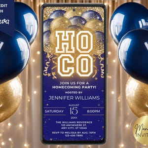 Digital Homecoming Celebration Party Blue Gold Balloons Invitation, After Party, Phone Text Evite, Editable Template, Instant Download