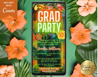 Puede incluir: Una invitación a una fiesta de graduación con temática tropical con un fondo verde y amarillo. El texto dice "Grad Party" e incluye detalles sobre el evento, incluida la fecha, la hora, la ubicación y la información de RSVP. La invitación también solicita atuendo tropical.