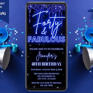 Digital Forty Fabulous 40th Birthday Party Invite, Electronic Phone Text Evite, Neon Blue Glitter Drip, Editable Template, Instant Download