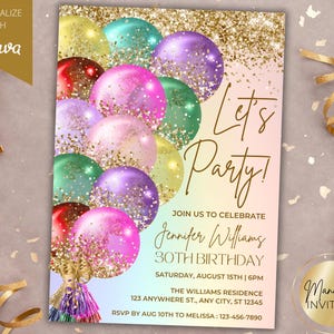 Bearbeitbare Let's Party Regenbogen Gold Glitzer Luftballons Glam-Geburtstagsfeier-Einladung, druckbare Geburtstagskarte, Canva Vorlage, sofortiger Download