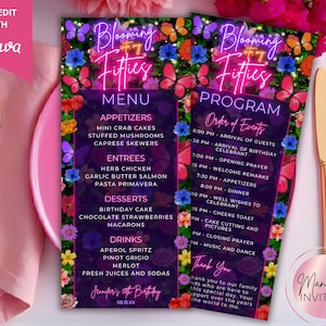 Op de afbeelding: Een menu en programma voor een verjaardagsfeest, met een bloemen- en vlinderontwerp. Het menu bevat voorgerechten, hoofdgerechten, desserts en drankjes. Het programma schetst de volgorde van de evenementen. Gouden bestek en een roze bord zijn ook zichtbaar.