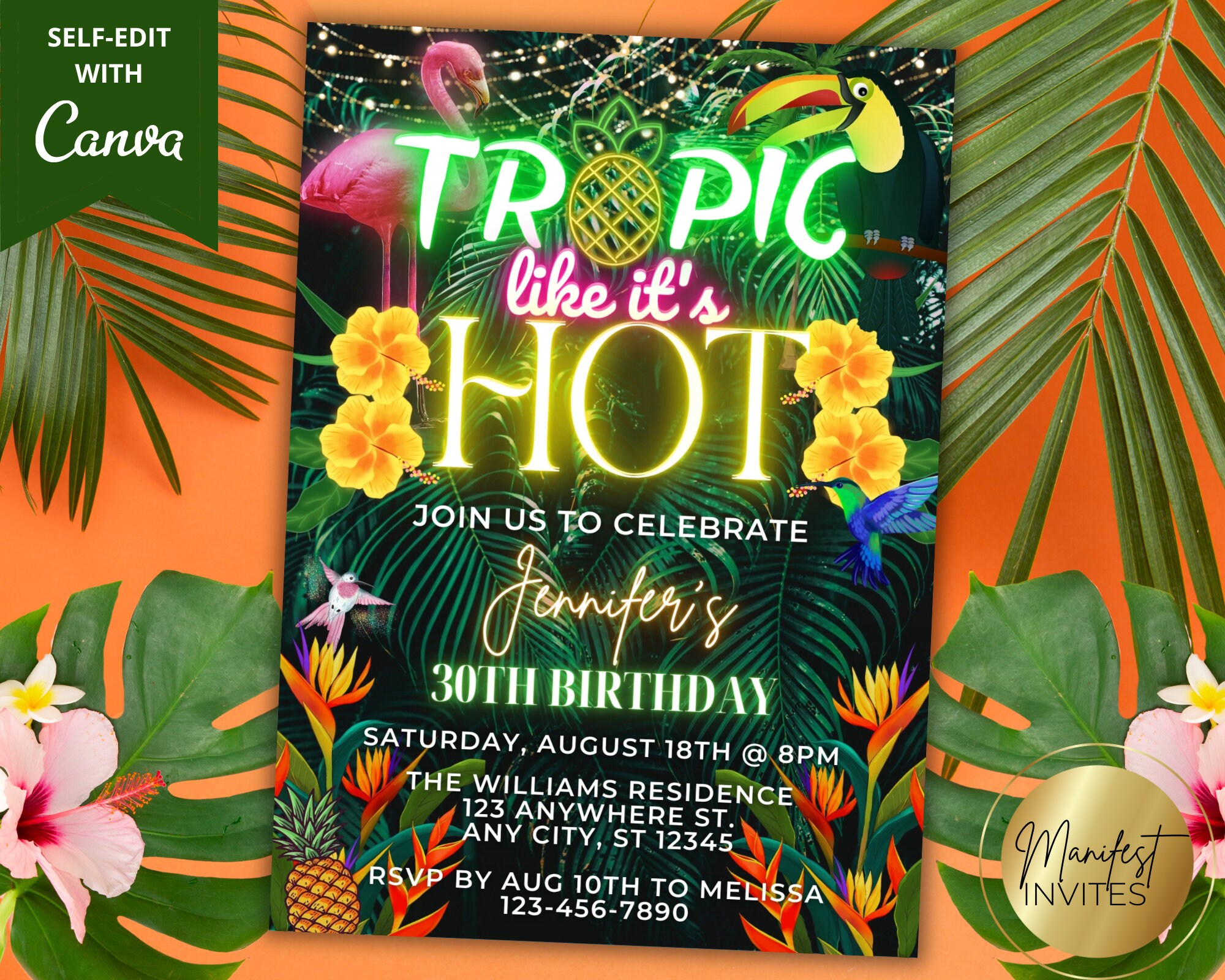 Editable Tropical Tropic Like It's Hot Birthday Party Invitation, Hawaiian Beach Luau, Printable Invite, Editable Template, Instant Download