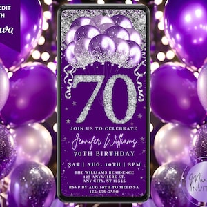 Digital 70th Birthday Diamond Purple Silver Balloons Party Invitation, Elegant Glam, Phone Evite, Editable Template, Instant Download, PS82