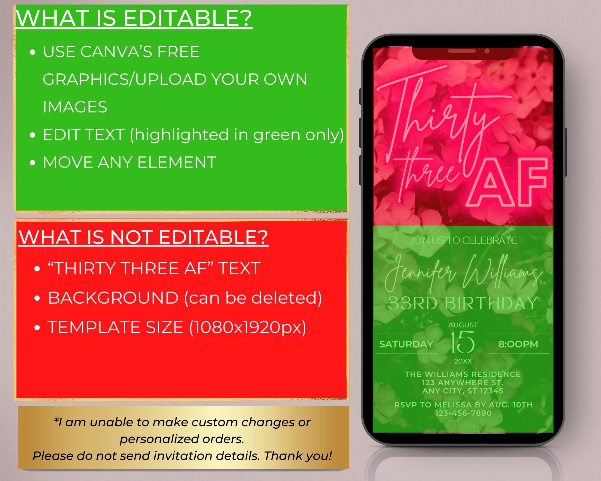 Digital 33 AF 33rd Birthday Party Invitation, Electronic Text Message ...
