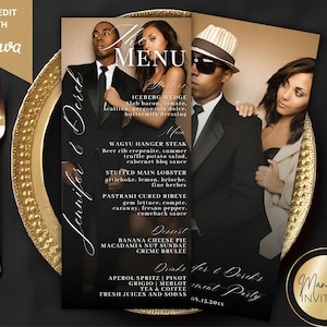 May include: A stylish wedding menu card with a black background, gold detailing, and a photograph of a couple. The menu lists starters, main courses, desserts, and drinks. The card is designed with the text "Jennifer & Derek" and "Manifest Invites."
