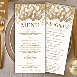 May include: Gold and white menu and program cards with a gold balloon design. The menu lists starters, main courses, desserts, and drinks. The program outlines the order of events for a celebration. The text reads "Self-Edit with Canva."