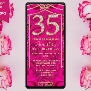 Digital 35th Birthday Pink Floral Gold Diamond Party Invitation, Electronic Phone Text Evite, Editable Template, Instant Download, DHP5