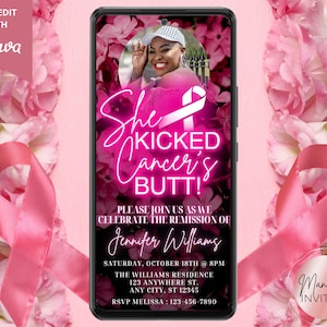 Digital Breast Cancer Survivor Party Pink Floral Photo Invitation, She Kicked Cancer's Butt, Editable Template, Text Evite, Instant Download